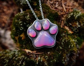 Aurora Opal (lab Created) and sterling silver paw print pendant necklace | Cottagecore | Handmade