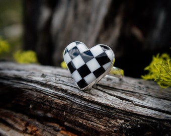 Trustone black and white checkerboard heart sterling silver statement ring |US Size 8.5
