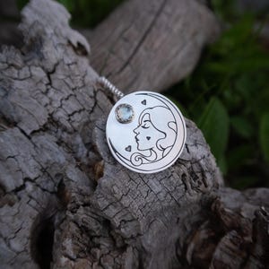 Sterling Silver,  woman in moon , aquamarine pendant necklace   | Cottagecore | Whismy | whimsy goth | Gothic
