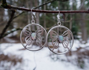 Kyocera opal {lab created} sterling silver butterfly dangle hoop earrings. Cottagecore, gift for her Handmade, Artisan Jewelry