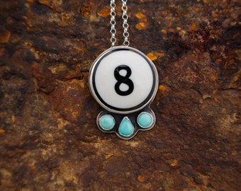 8 Ball (Real billiard ball) Pool Ball and turquoise sterling silver pendant necklace | Unique Gift