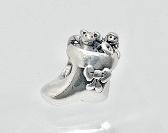 Auténtico dije navideño de calcetín de Papá Noel de Pandora 791038, pulsera de plata de ley 925 (usado)