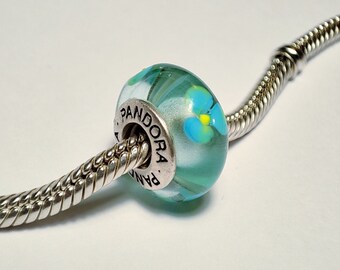 Authentic Pandora Teal Blue Green Flowers Murano Glass Sterling Silver Bead - PRE-OWNED