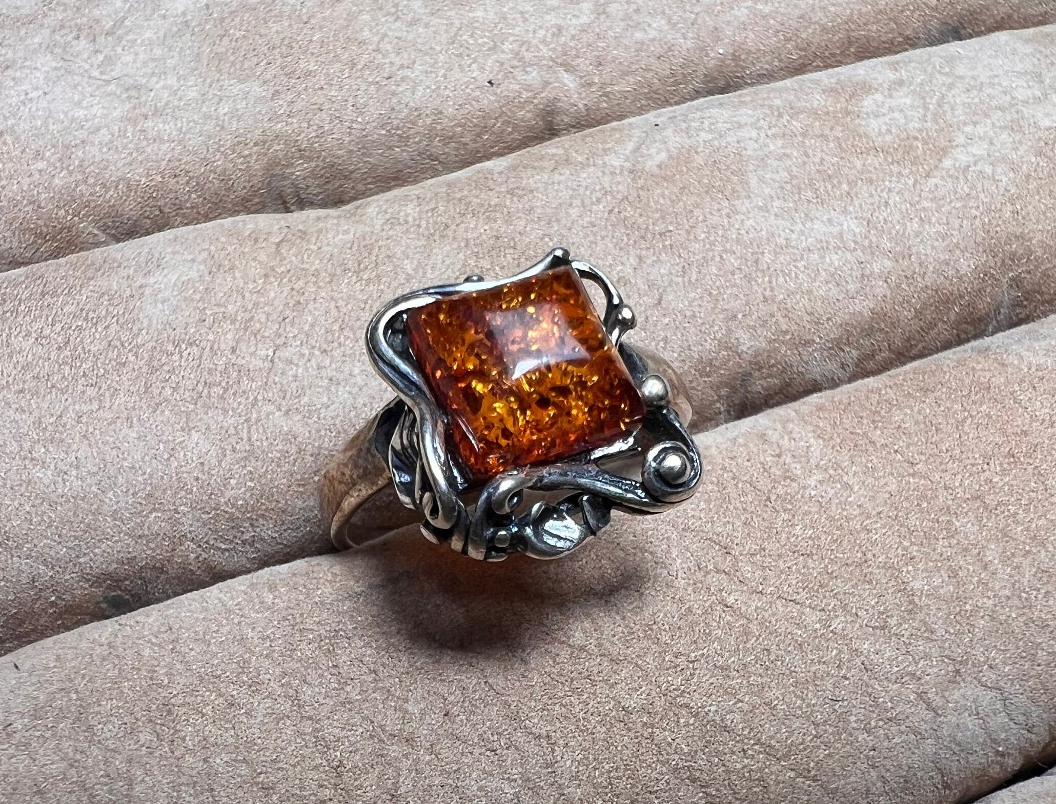 Size Square Sterling Silver Ring With Baltic Amber