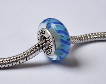 Authentic Pandora Light Blue with Dark Blue Swirl Murano Glass Sterling Silver Bead - PRE-OWNED
