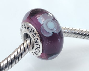 Authentic Pandora Purple Flowers for You 790643 Murano Glass Sterling Silver Bead - PRE-OWNED