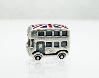 Charm Pandora auténtico de autobús de dos pisos 791049ER, bandera de la Union Jack británica de Londres (Reino Unido), plata de ley 925, usado, retirado, raro.