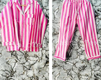 Pijama de algodón con estampado a mano para mujer / Pijama de rayas con estampado Jaipuri / Conjunto de pijama para mujer / Pijama con bolsillos