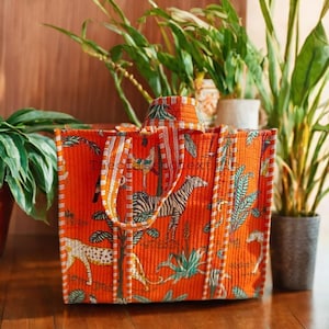Jungle Print Handgefertigte Baumwolle Orange Color Block Print reversibel Einkaufstasche,Einkaufstasche,große Einkaufstasche,gesteppte Einkaufstasche,große Blumentasche