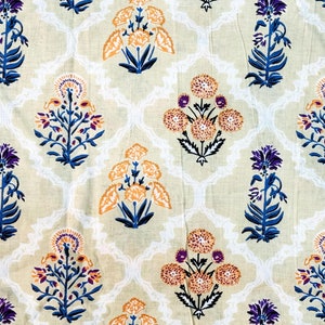 Mughal Floral Cotton Fabric Handmade Fabric Hand Block Print Cotton Craft Natural Color sewing Fabric Flower Print Fabric By the Yard