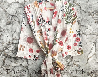 White Floral 100% Cotton Indian Block Print Kimono Robe Women's Girls Robe Dressing Gown Summer Night Wear Bathrobe Beach Wedding Bridesmaid