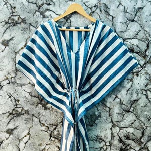 Hand Block Printed Cotton Kaftan | Beach Cover up | Stripe Print Caftan,Short Dress,Indian Print,Boho Summer Fashion Sleepwear,Indian Kaftan
