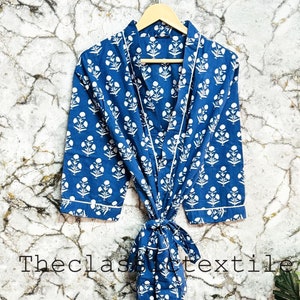 Cotton Kimono Robe Dressing Gown, Block Print Bridesmaid Robe, Summer Nightwear, One Size