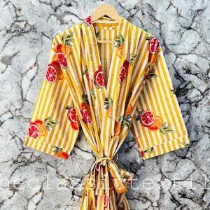 Handmade Floral Cotton Kimono Robe | Boho Lounge wear | Lightweight Bathrobe | Block Print Dressing Gown | Soft Cotton Kimono | Gift for Her