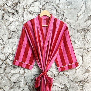 100% Pure Cotton Indian Block printed Kimono | Striped Cotton Kimono Robe | Quirky Beach Cover up/Comfy Maternity Mom | Gift For Her