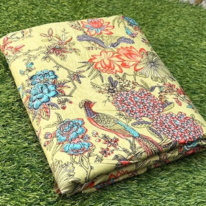 Green Bird Paradise Indian Hand Printed Soft Cotton Fabric, Dressmaking Fabric By The Yard, Fabric For Upholstery And Women Clothing