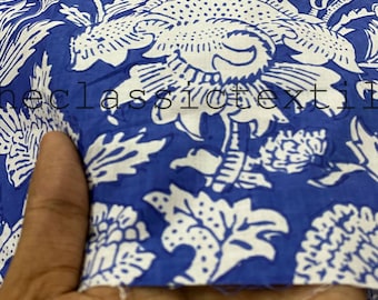 Tela 100 % algodón estampada a mano con flores indias en azul y blanco, cortada a medida, para cortinas, almohadas y confección de vestidos