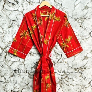 Red Cotton Kimono Robe Dressing Gown, wedding robe Block Print Bridesmaid Robe, Summer Nightwear bathrobe beachwear women men gifts floral