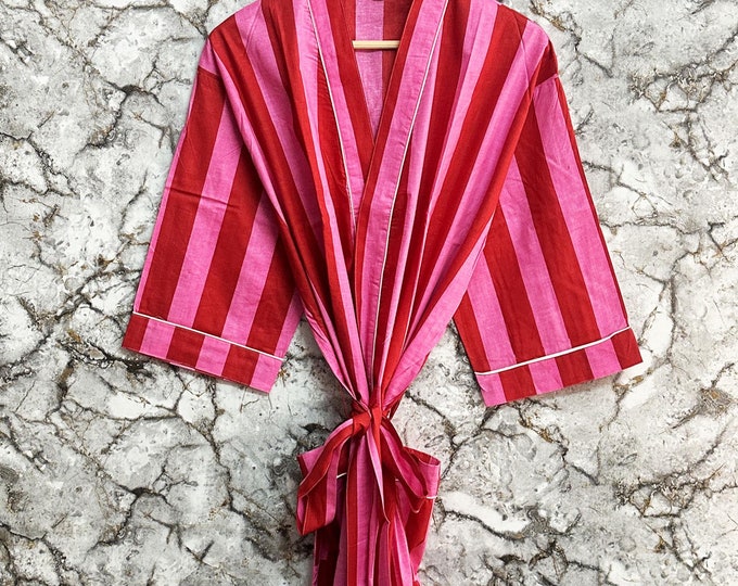 100% Pure Cotton Indian Block printed Kimono | Striped Cotton Kimono Robe | Quirky Beach Cover up/Comfy Maternity Mom | Gift For Her