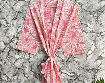 Beautiful Pink Floral Cotton Kimono Bathrobe, Hand Block Printed Cotton Kimono, Long Robe, Women's Kimono Dressing Gown, Bathrobe, Nightwear