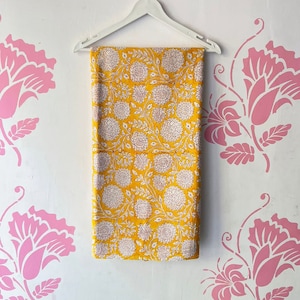 Yellow Floral Hand Block Print Fabric, Indian Soft Cotton Fabric By The Yard, Dressmaking Fabric, Quilting Cotton Fabric, Sewing Fabric