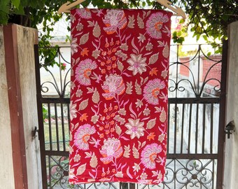 Red Floral Print Fabric, Block Print Fabric By The Yard, Indian Cotton Fabric, Sewing & Quilting Fabric, women's Clothing, Dress Fabric