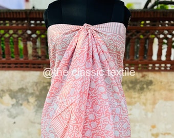 Sarong de algodón hecho a mano de color rosa, bufandas con estampado de bloques de manos indias, duppta con estampado floral decorativo, pareo de playa para mujeres, sarong con estampado de bloques