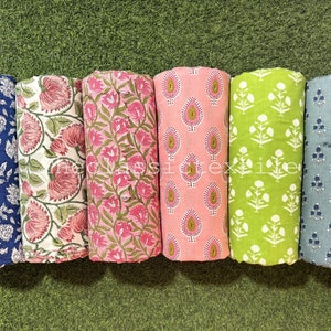 6 Floral Indian Hand Block Print Soft Fabric By The Yard, 100 % Pure Cotton Voile Fabric For Dress Making ,Sewing, Crafting, Upholstery