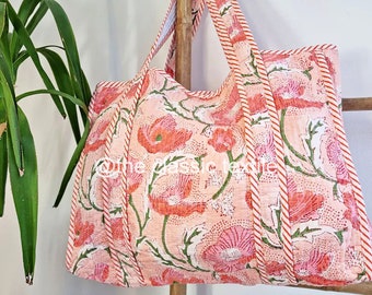 Handmade Cotton Pink Colour Block Print reversible Shopping Bag,Tote Bag,Large Shopping Bag,Quilted Tote Bag,Large Floral Bag,Kantha Bag