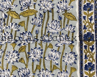 Blue Floral Block Print Cotton Fabric, By The Yard