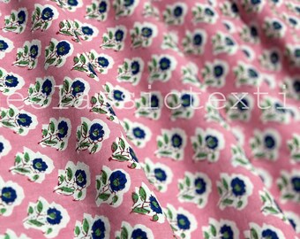 Tela impresa en bloque de mano floral rosa diminuto, tela de algodón, tela india, tela cortada a medida, ropa de mujer de algodón estampado en bloque