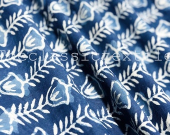 Floral Indigo Blue Fabric , Block Print Fabric, Indian Cotton Fabric, Fabric By the Yard, Dress Fabric, Upholstery Fabric, Sewing Fabric