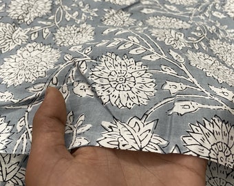 Gray Floral Print Block Print Fabric, Indian Cotton Fabric By The yard, Handmade Fabric, Dressmaking Fabric, Women's Clothing, Sewing Fabric