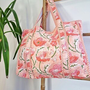 Handgemachte Baumwolle Rosa Color Block Print reversibel Einkaufstasche,Einkaufstasche, große Einkaufstasche, gesteppte Einkaufstasche, große Blumentasche, Kantha Tasche