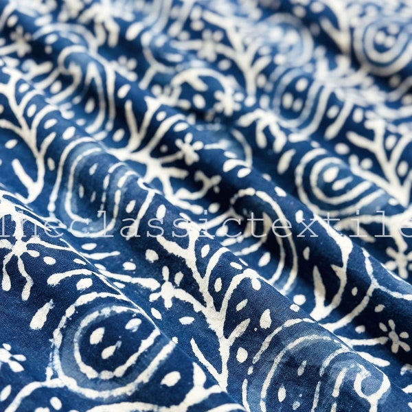 Indigo Blue Indian Block Print Fabric, Floral Print Fabric, By the Yard,Dress Curtain Fabric, Quilting Fabric, Vegetable Dyed,Sewing Fabric