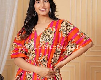 Caftán de algodón con estampado de tigre naranja, caftán largo, vestido para futuras mamás, vestido playero, ropa de dormir, caftán indio, vestido largo, vestido playero para bikini