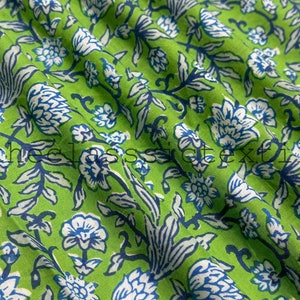 Green and White Pure Soft Cotton Fabric, Fabric by the Yard, Antique Textile, Indian Hand Block print Fabric, Handstamped, Dress Fabric