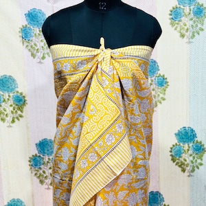 Yellow Hand Block Printed Cotton Sarong, Beach Wrap Pareo, Long Scarf, Large Sarong, Cover up, Soft Fabric Scarf, Fashion Shawl Beach Sarong