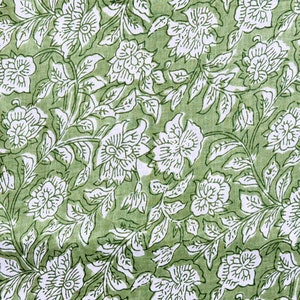 Green & White Floral Hand Block Print Fabric, Indian Cotton Fabric By The Yard, Sewing Fabric, Printed Fabric, Fabric For Women's And Kids