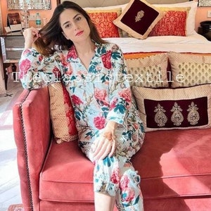 Womens Pure Cotton Block Print Pyjamas Bridesmaid Pyjama&#39;s  Set Indian Print Loungewear Set Unique Gift Wrapped Pyjamas Christmas Gift