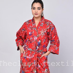 Ofmd Red Bird Print Cotton Kimono Robe, Beach Cover Up, Bridesmaid Robe, Japanese Kimono, Women Bath Robe, Wedding Robes, Gift For Her