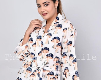 Robe de chambre kimono en coton imprimé champignons, robe de chambre de demoiselle d'honneur bloc, vêtements de nuit d'été, couverture de plage, cadeau pour elle