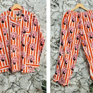 Hand Block Print Pajamas, Floral Pure Cotton Pj&#39;s, Pajamas Set ,Indian Cotton,Night Wear, Soft Cotton Night Suit,Gift for her,Bridesmaid Pj