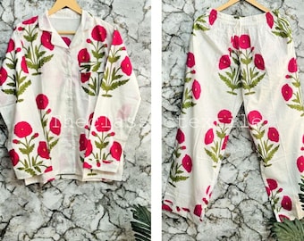 Pink Floral Indian Cotton Pajama Set Hand Block Print Pj 100% Cotton Light Ultra-Soft Night Dress Women Cotton Pants Shirt Set Gift For Her