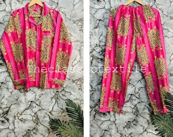 Pijama com estampa de bloco de mão rosa, conjunto de pijamas de algodão com estampa de tigre, algodão indiano, roupa de noite, traje de noite de algodão macio, presente para ela, pijama de dama de honra