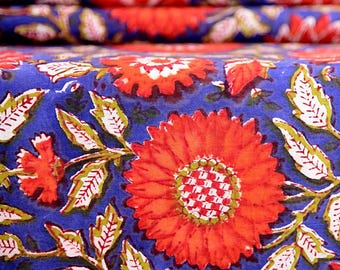 Cotton Fabric By The Yard, Floral Print Fabric Blue Fabric, Indian Fabric, Cotton Fabric, Block Print, Block Print, Light Weight Soft Fabric