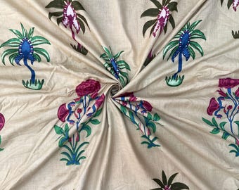 Tela de algodón indio con estampado floral en bloques, cortada a medida / Tela suave estampada a mano para costura.