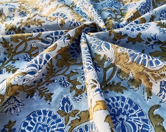 Indian Hand Block Print Cotton Fabric, Floral Blue Sewing Material Beautiful Floral  Fabric Cotton Fabric By The Yard
