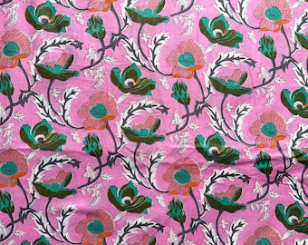 flower Fabric Block Printed Cotton Fabric, Floral Print Light Weight Soft Fabric, Sanganeri Print Fabric, Summer Dress Fabric