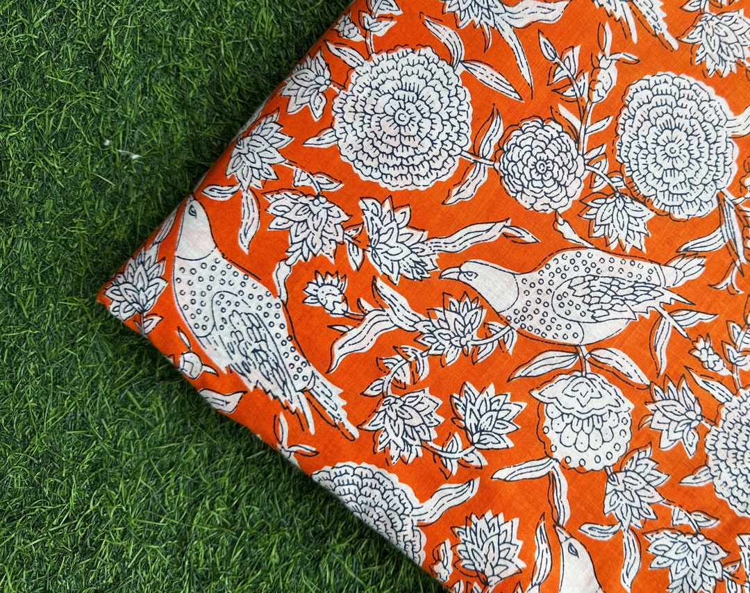 Bird Print Fabric Block Printed Fabric Cotton by the Yard Printed